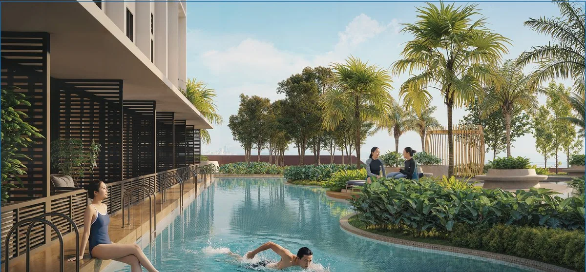 Tagbay Suites Melaka — Tagbay Suites linear pool through landscaped deck, artist impression, Level 6