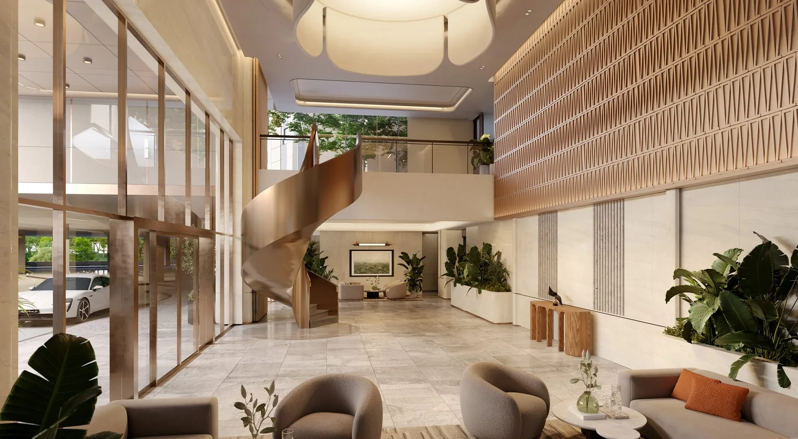 Double-volume residential lobby with sculptural staircase — Zenia ParkCity Damansara rendering